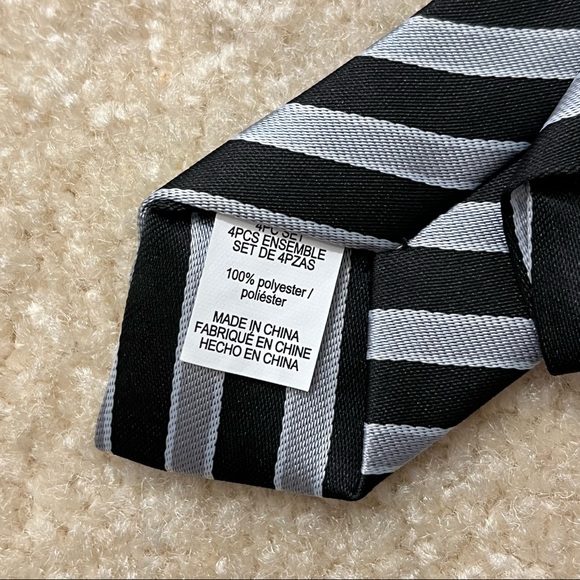Formal Clip On Tie Youth Boys One Size Black Silver Diagonal Stripes - Picture 7 of 8